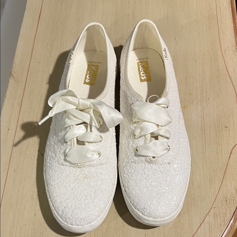 Keds Women’s White Sequin Sneakers with Satin Ribbon Laces